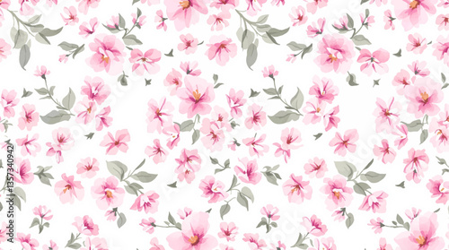 Watercolor seamless pattern pink wild flowers on the white background