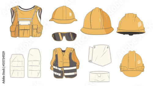 A digital illustration showcasing a collection of various safety gears. The image features multiple views of yellow hard hats, safety vests (both hi-vis and flotation), safety glasses/sunglasses,