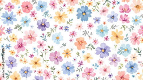 Watercolor seamless pattern color wild flowers on the white background