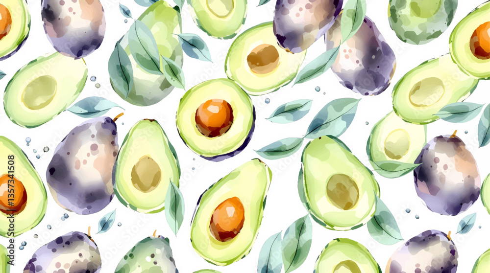 Watercolor Avocado on white background seamless pattern