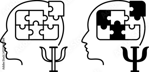 Psychology Icons. Black And White Vector Illustration. Study Of Human Behavior, Thinking, And Emotions. Mental Health. Nutrition Concept
