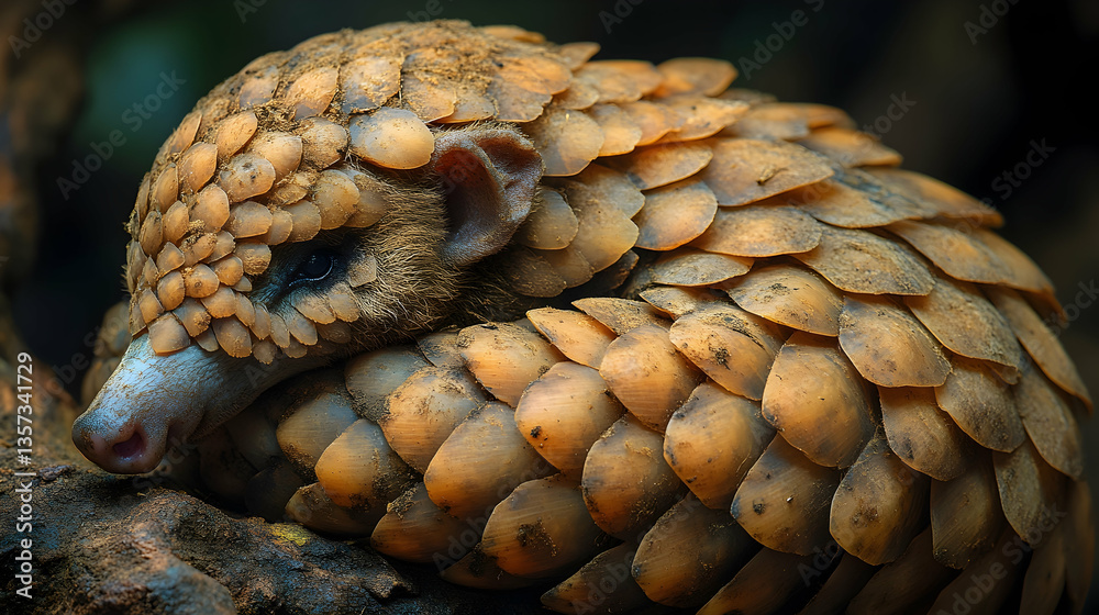 Hardy pangolin curls into protective ball, its strong scales shielding it against threats in the wild