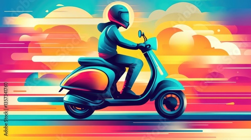 A vibrant, stylized illustration of a red scooter set against a bright yellow background.