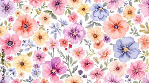 Watercolor seamless pattern color wild flowers on the white background