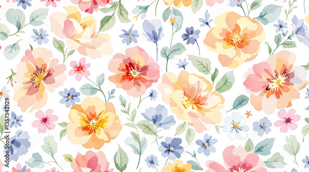 Watercolor seamless pattern color wild flowers on the white background