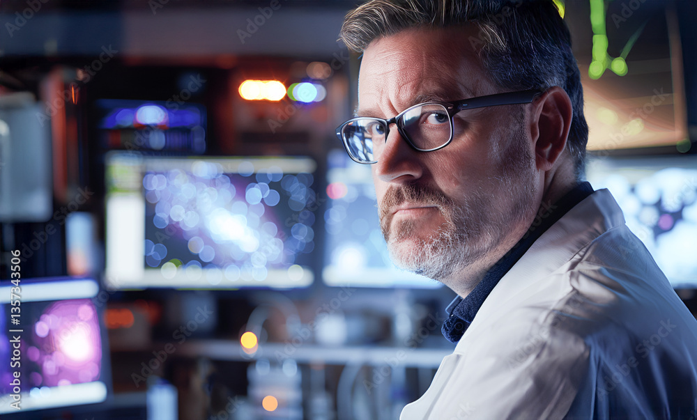 Fototapeta premium Happy mature, grey-haired male scientist with a confident smile enjoys his research work, sitting at his lab table, arms crossed in a welcoming gesture, connected with science and medicine.
