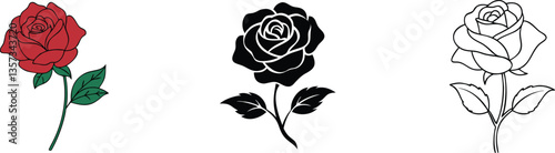 Red, Black, and Line Art Rose Illustrations Floral Designs