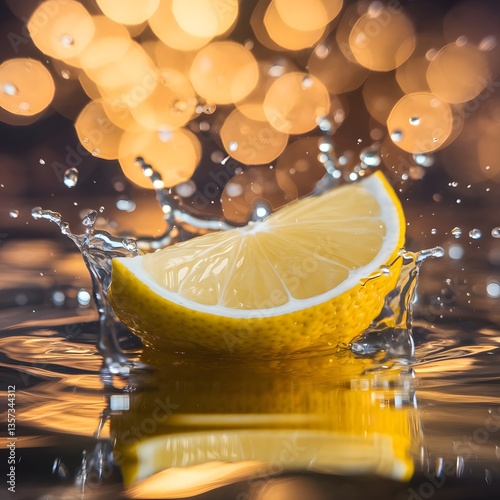 Close-up of a lemon slice impacting water, creating a dynamic splash.