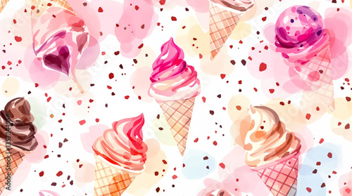Watercolor pattern ice cream white background