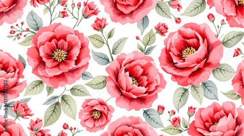 Watercolor seamless pattern pink  flowers on the white background