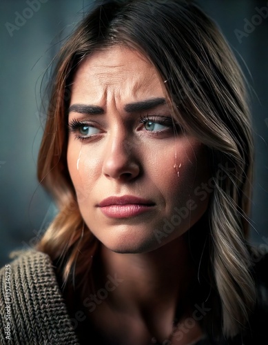 A portrait of a woman expressing sadness, tears sliding on her cheek