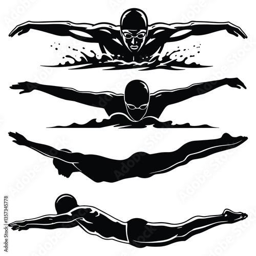 A Elite Swimmer Silhouettes of a Swimming man icon Players with Logo and Swimmer Silhouettes
