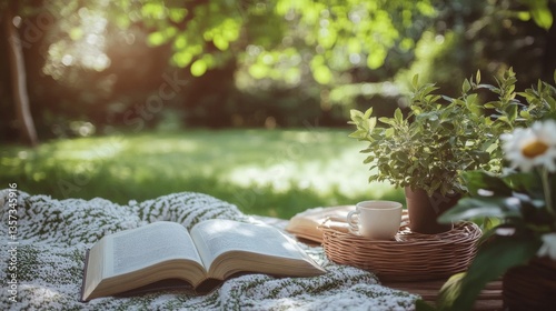 Open Book Tea Cup Plants Sunny Outdoor Setting