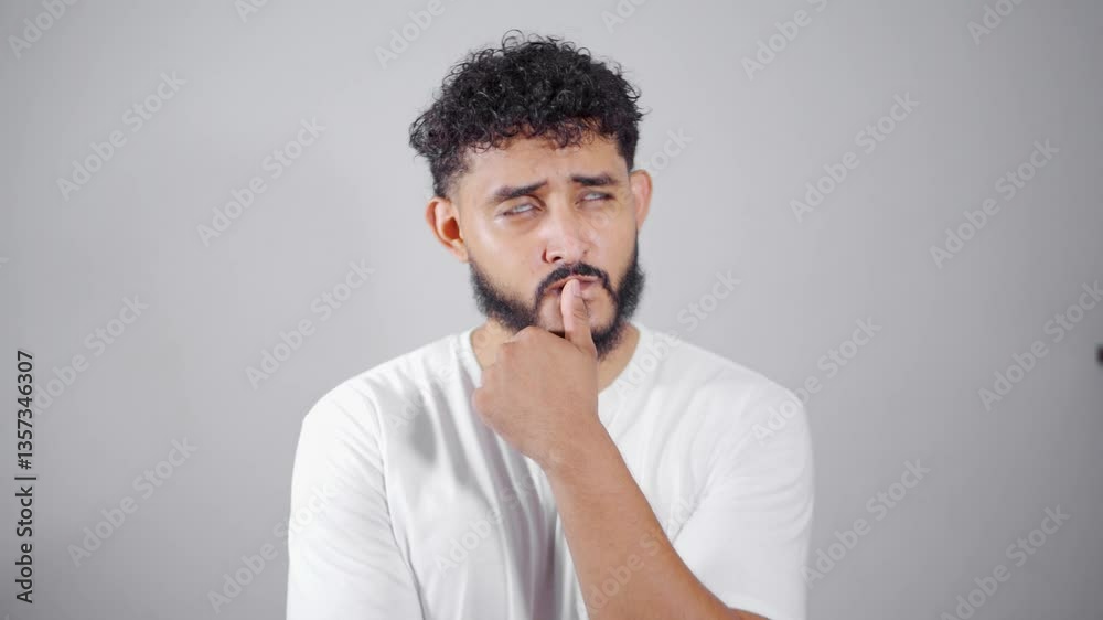 Pensive man making facial expressions on white background