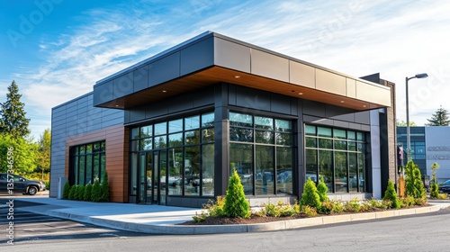 Fototapeta Naklejka Na Ścianę i Meble -  The exterior of a modern small business with sleek architecture and a welcoming entryway.