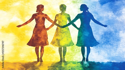 Three women united, colorful background, unity, empowerment photo