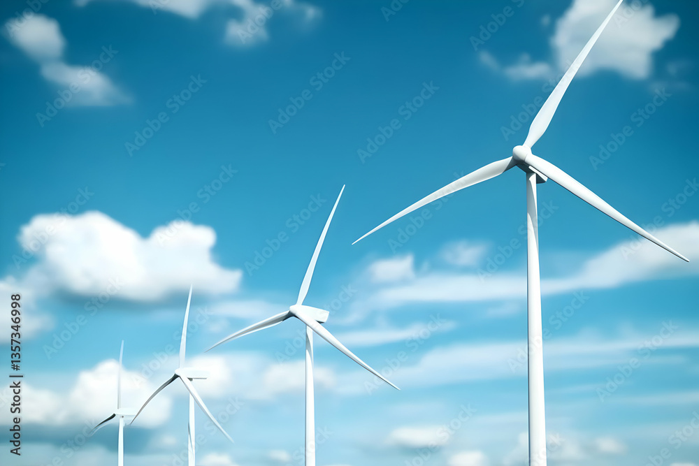 Fototapeta premium A scenic view of towering wind turbines against a sunny blue sky, showcasing renewable energy and sustainable practices.