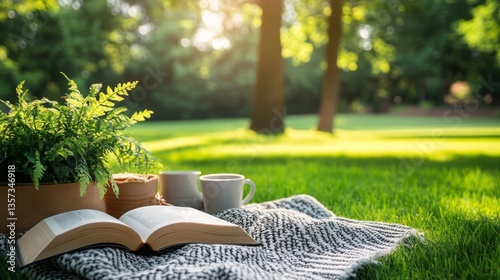 Open book rests on blanket in sunny park