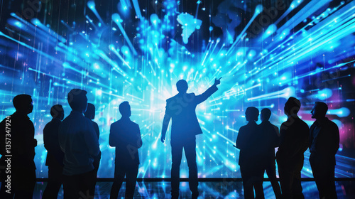 Inspirational leader surrounded by team members, pointing at a future vision on a large screen