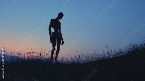 Silhouette of a humanoid robot standing on a grassy hill against a dusk sky. Tech meets nature in a serene, contemplative scene.