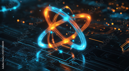 An atom symbol glows with dynamic blue and orange lights, showcasing the vibrant interplay of energy and technology in a modern setting