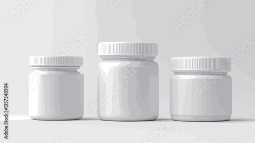 The image shows three cylindrical white plastic bottles of varying heights arranged on a plain white background.  The bottles are uniformly white with simple, unadorned lids, appearing to be empty.