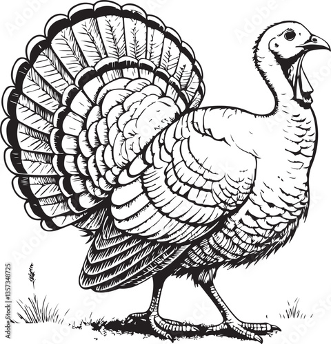 Turkey Poultry Domestic Bird Farm Black and White Vector Illustration, Sketch Drawing Line Linear Engraving, Hand-drawn Isolated