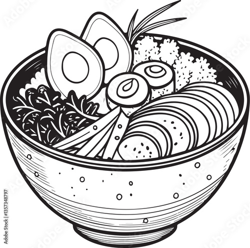 Poke Bowl Hawaiian Black and White Vector Illustration, Sketch Drawing Line Linear Engraving, Hand-drawn Isolated