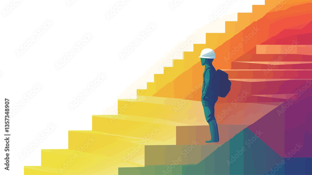 The illustration depicts a stylized silhouette of a person with a backpack standing on a set of stairs. The stairs are rendered in a vibrant gradient of warm colors, transitioning from yellow at The illustration depicts a stylized silhouette of a person with a backpack standing on a set of stairs. The stairs are rendered in a vibrant gradient of warm colors, transitioning from yellow at