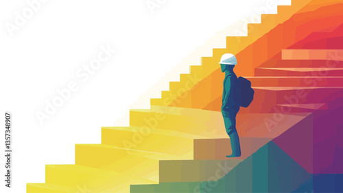 Wallpaper Mural The illustration depicts a stylized silhouette of a person with a backpack standing on a set of stairs. The stairs are rendered in a vibrant gradient of warm colors, transitioning from yellow at Torontodigital.ca