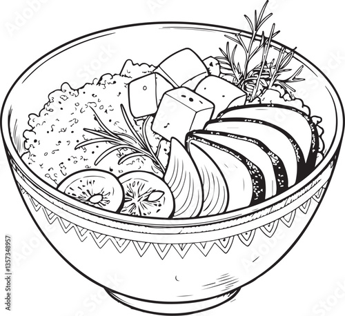 Poke Bowl Hawaiian Black and White Vector Illustration, Sketch Drawing Line Linear Engraving, Hand-drawn Isolated