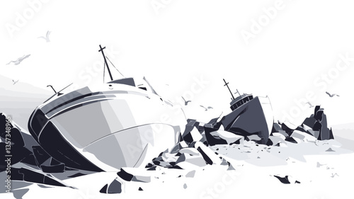 A grayscale vector illustration depicting several beached boats on a sandy shore.  The boats are depicted in various states of disrepair, some appearing more damaged than others. The style is