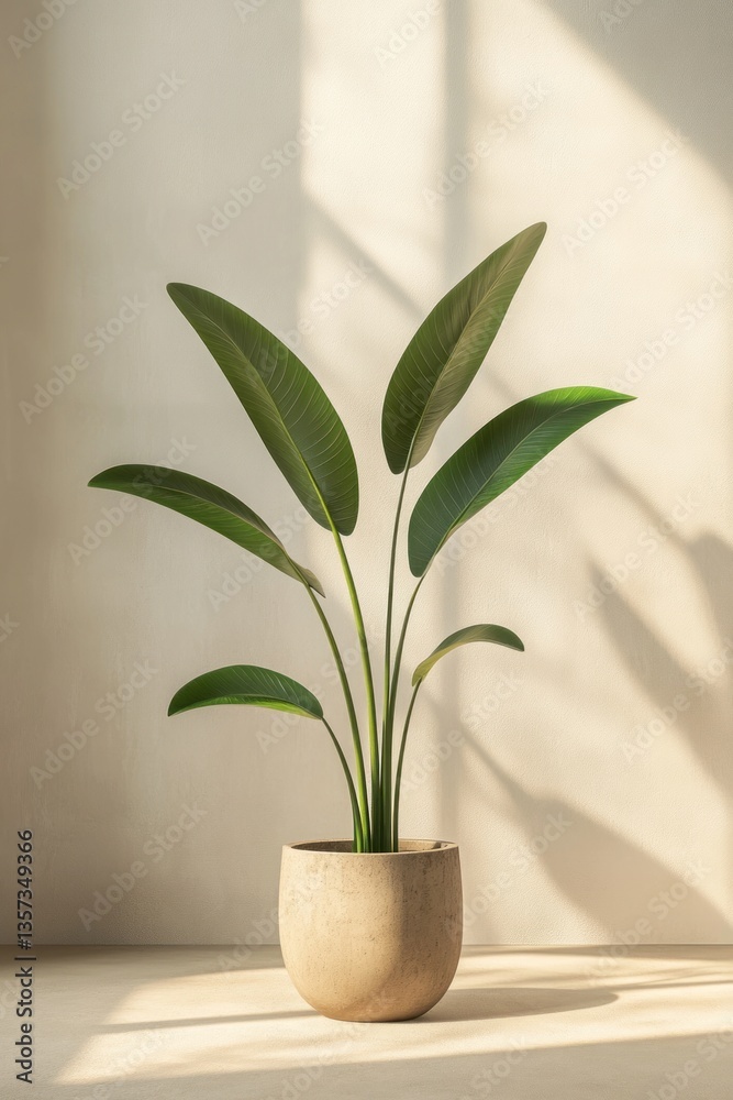 Green Leafy Plant in a Beige Pot Against a Wall Green Leafy Plant in a Beige Pot Against a Wall