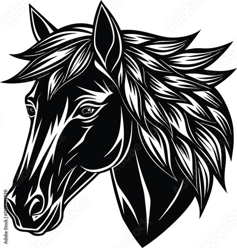 A black vector illustration presents a wild horse head silhouette, a striking animal design suitable as tattoo art or a symbol