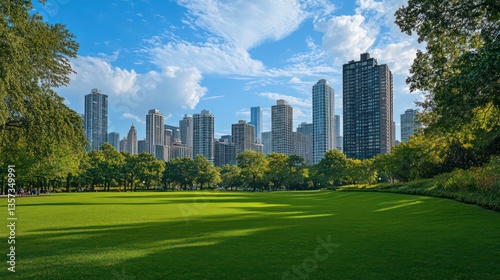 Fototapeta Naklejka Na Ścianę i Meble -  Scenic view of the park with green grass field in city and a cloudy blue sky background Beautiful green park