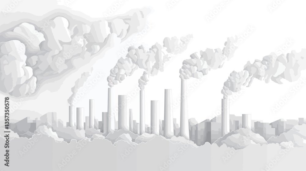 Obraz premium A monochrome sketch depicting a row of industrial smoke stacks emitting plumes of smoke into a hazy sky. The style is minimalistic, using shades of gray and white to create a sense of depth and