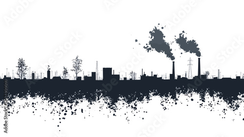 The image is a stylized silhouette of an industrial cityscape against a white background. The skyline features various buildings and structures, including prominent smokestacks emitting dark smoke,
