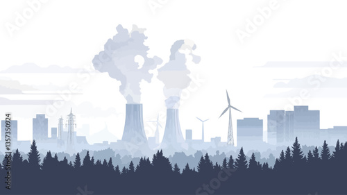 The image is a stylized illustration depicting a city skyline partially obscured by fog or smog.  Prominent features include a large industrial power plant emitting smoke or steam, a wind turbine