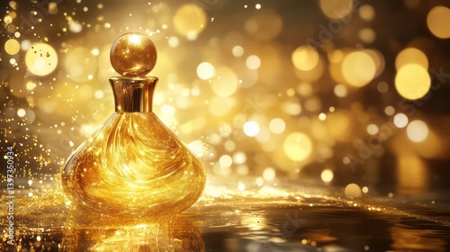 Golden perfume bottle, sparkling background, luxury, elegant, display photo