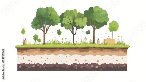 Digital illustration depicting a cross-section of soil showing different layers, from topsoil to subsoil and bedrock.  Above the soil, a group of stylized trees and smaller plants are shown, set