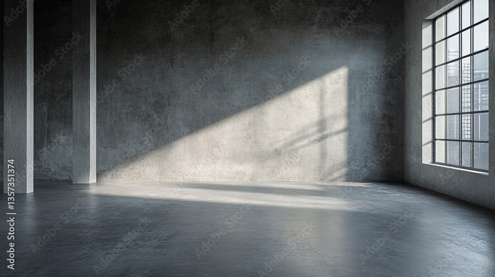 An empty room with concrete walls and floor illuminated by sunlight streaming through a large window An empty room with concrete walls and floor illuminated by sunlight streaming through a large window