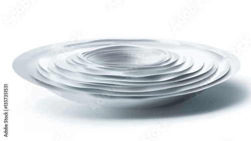 A studio shot of a set of nested white bowls. The bowls are arranged in concentric circles, creating a ripple or wave-like pattern.  The bowls are smooth, polished, and appear to be made of a