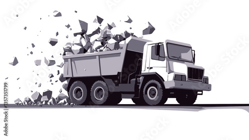A grayscale vector illustration of a dump truck unloading a load of debris.  The truck is depicted in profile view, moving to the right.  The debris, rendered as irregular fragmented shapes, is