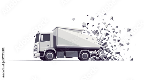 The image is a digital illustration depicting a white delivery truck in profile view. The truck is rendered in a low-polygonal style with subtle shading and gradients. A significant portion of the