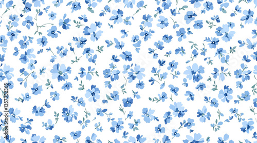 Watercolor pattern blue flowers white background