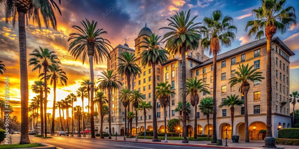 Obraz premium Glamorous Hotel Scene: Palm Trees, Sunset, Hollywood Hills