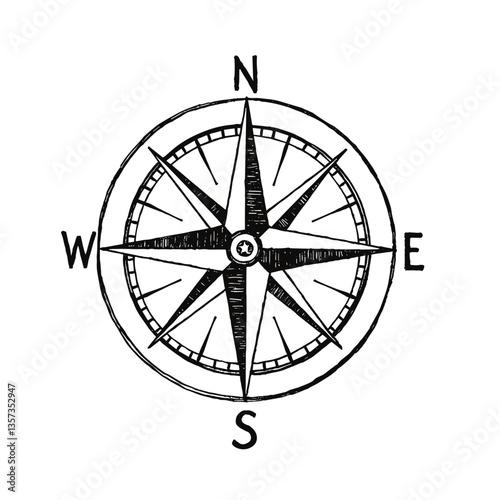 Vintage compass sketch in black and white on a plain background  