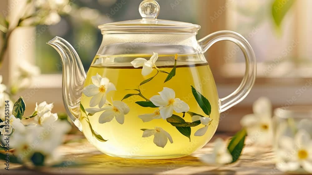 Cold jasmine tea in a glass teapot with delicate tea leaves floating.