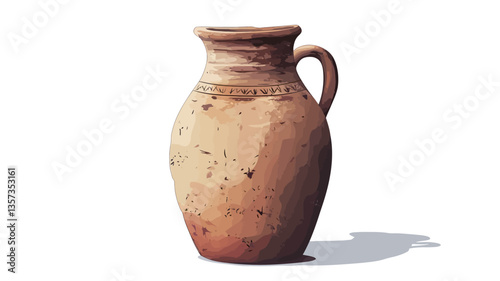 Digital painting of a rustic clay jug. The jug is light brown and beige with a textured surface showing signs of age and weathering.  It has a slightly rounded body, a short neck, and a single