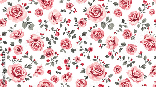 Watercolor pattern red rose flowers white background